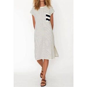 KULE The Honor Organic Cotton Striped Knee Length Tee Dress Cream Navy XS